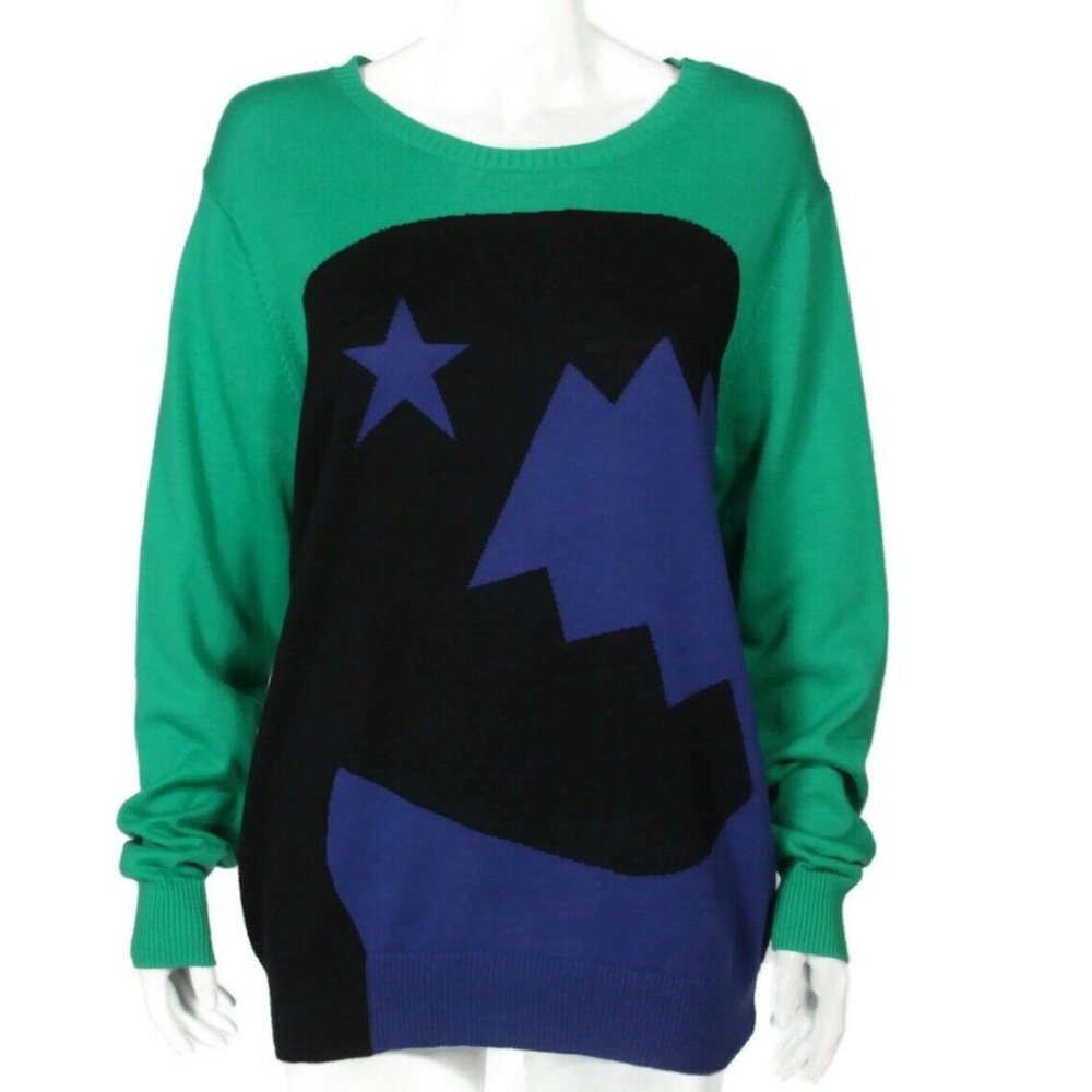 agnes b. Sport 100% Cotton Green Blue Black Abstract Star Face Sweater sz 3 /194